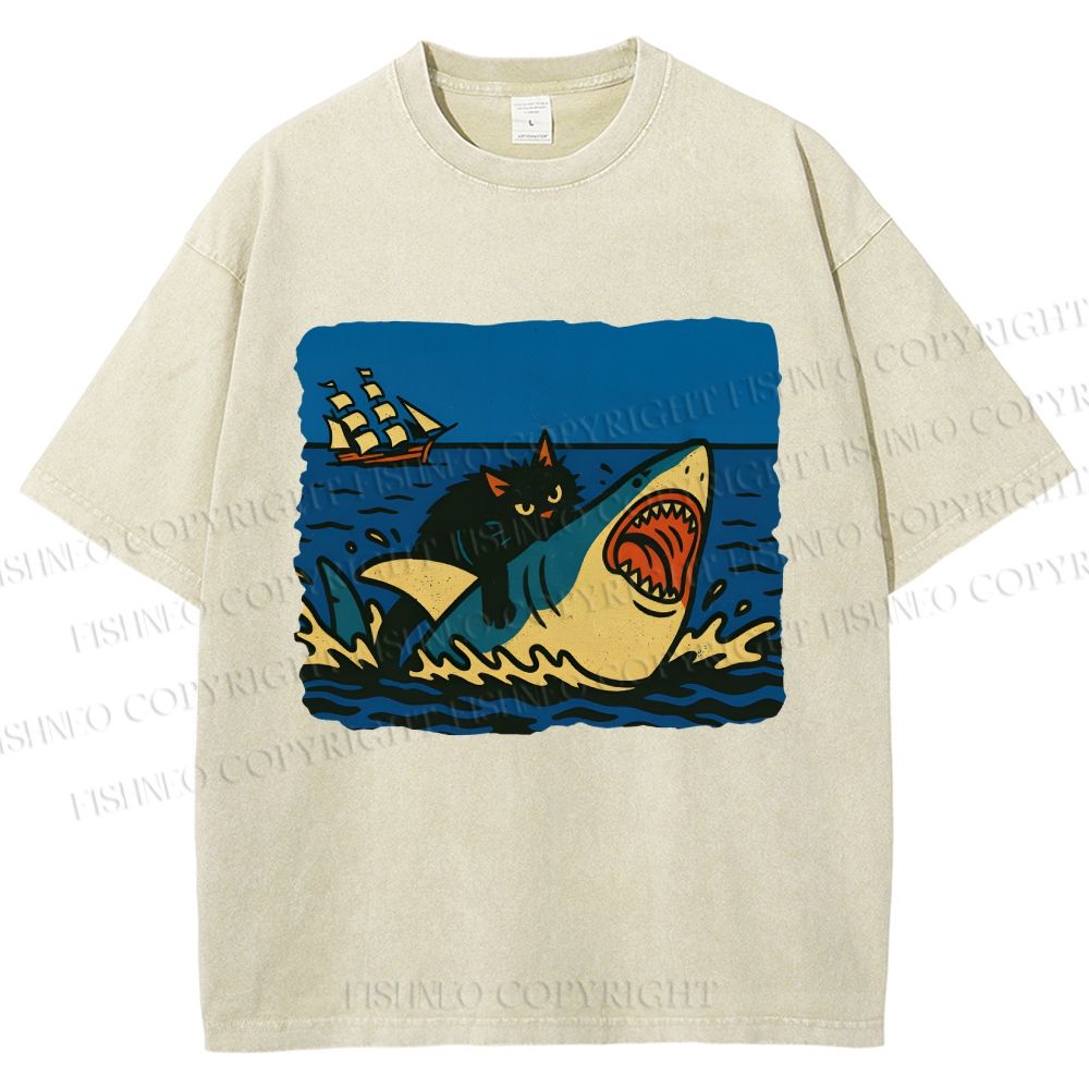 Unisex Jaws Don't Scare Me Black Cat Fight Shark Printed Washed Tee