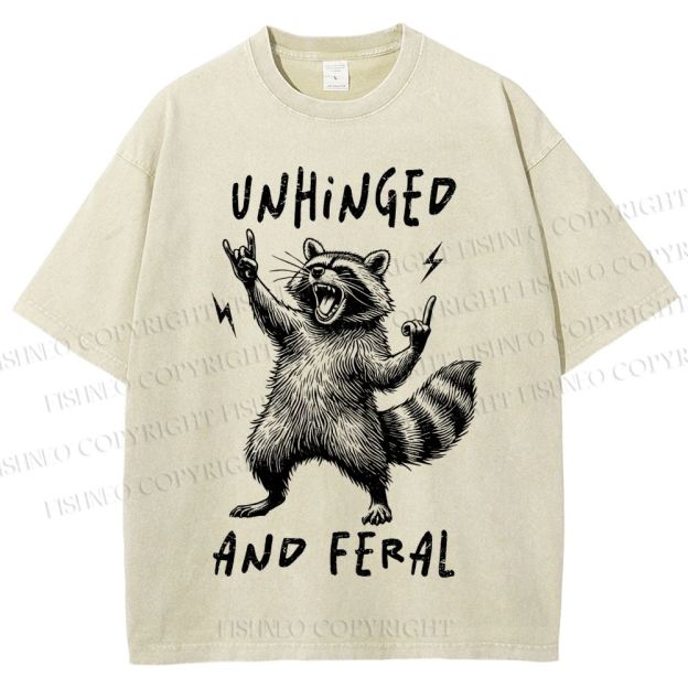 Unisex Unhinged And Feral Raccoon Printed Washed Tee