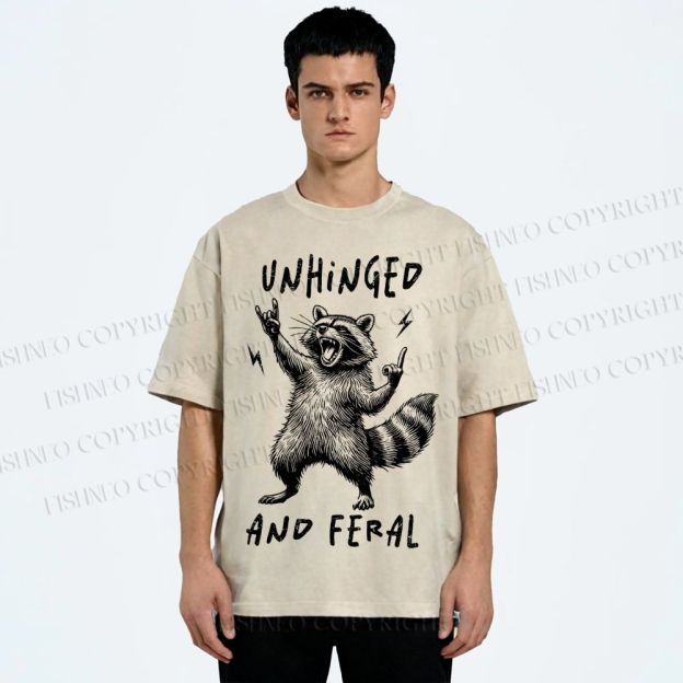 Unisex Unhinged And Feral Raccoon Printed Washed Tee