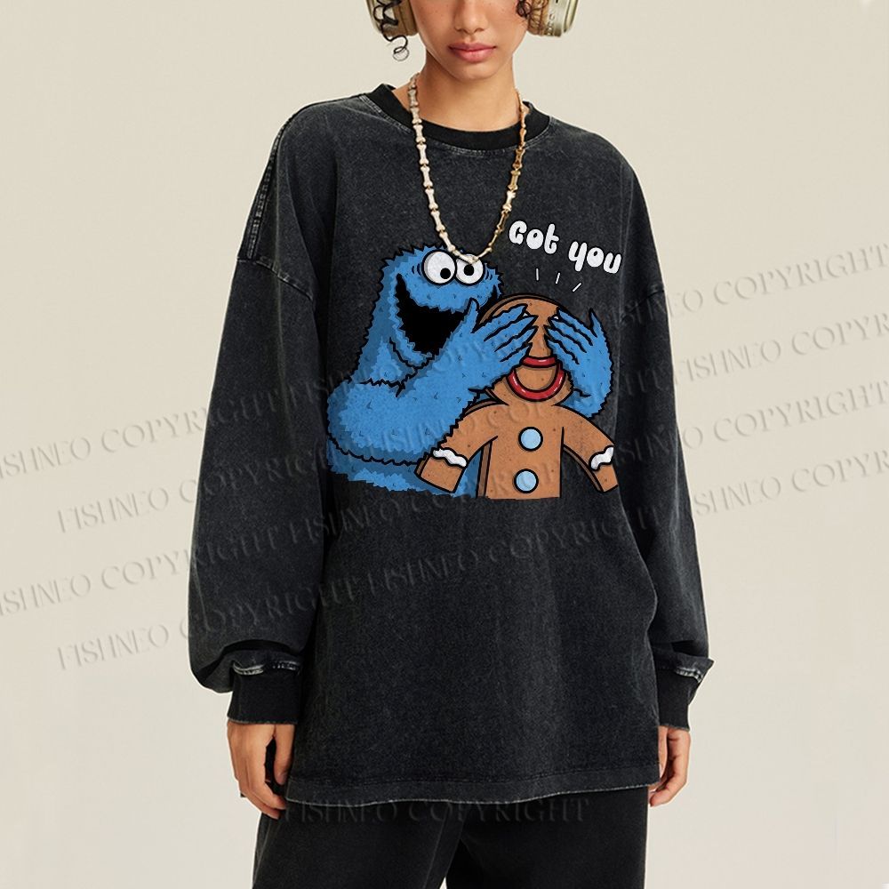 Unisex Casual Washed Got You Cookie Monster Printed Long Sleeve T-shirt