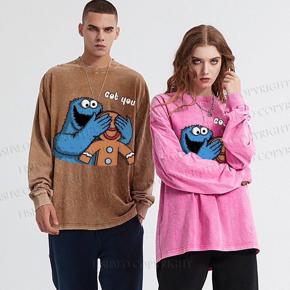 Unisex Casual Washed Got You Cookie Monster Printed Long Sleeve T-shirt