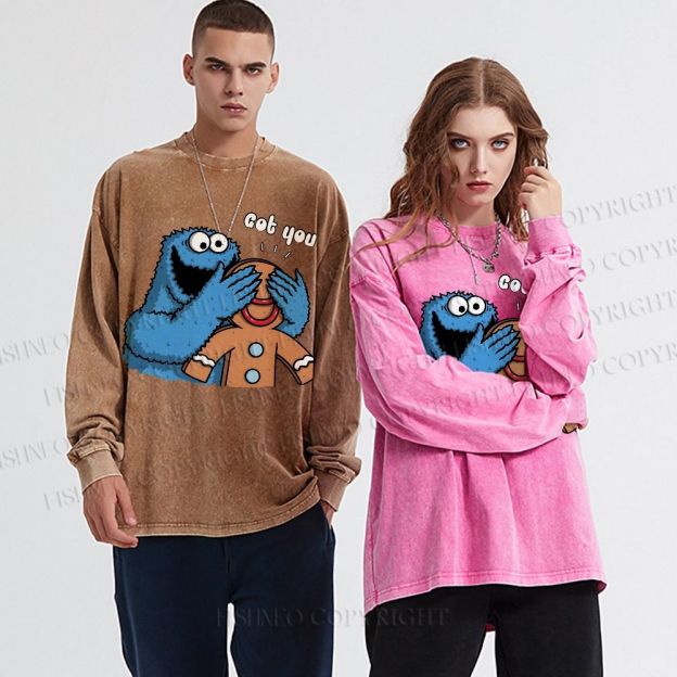 Unisex Casual Washed Got You Cookie Monster Printed Long Sleeve T-shirt