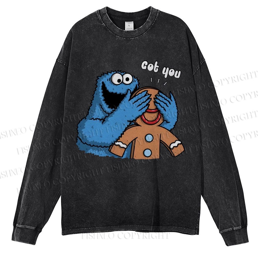 Unisex Casual Washed Got You Cookie Monster Printed Long Sleeve T-shirt