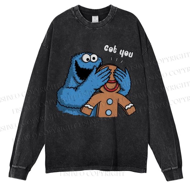 Unisex Casual Washed Got You Cookie Monster Printed Long Sleeve T-shirt