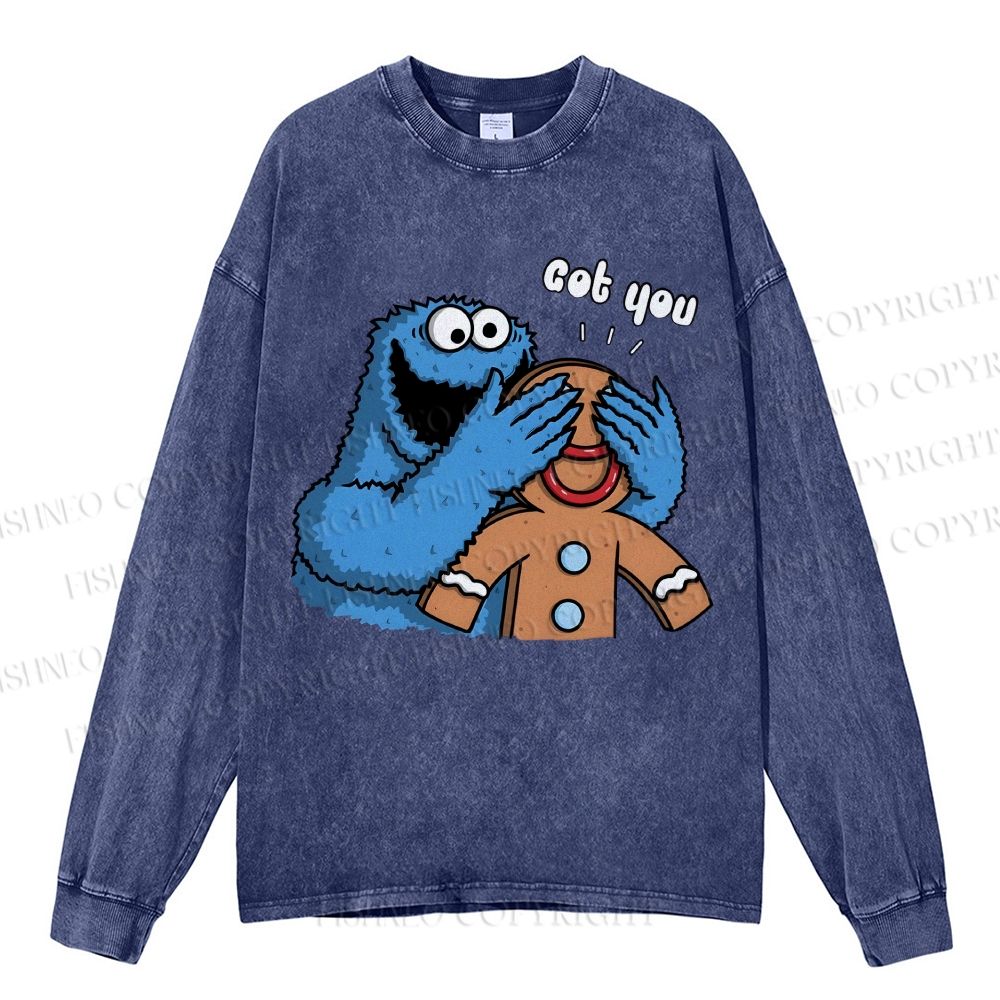 Unisex Casual Washed Got You Cookie Monster Printed Long Sleeve T-shirt