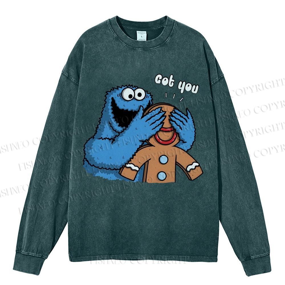 Unisex Casual Washed Got You Cookie Monster Printed Long Sleeve T-shirt
