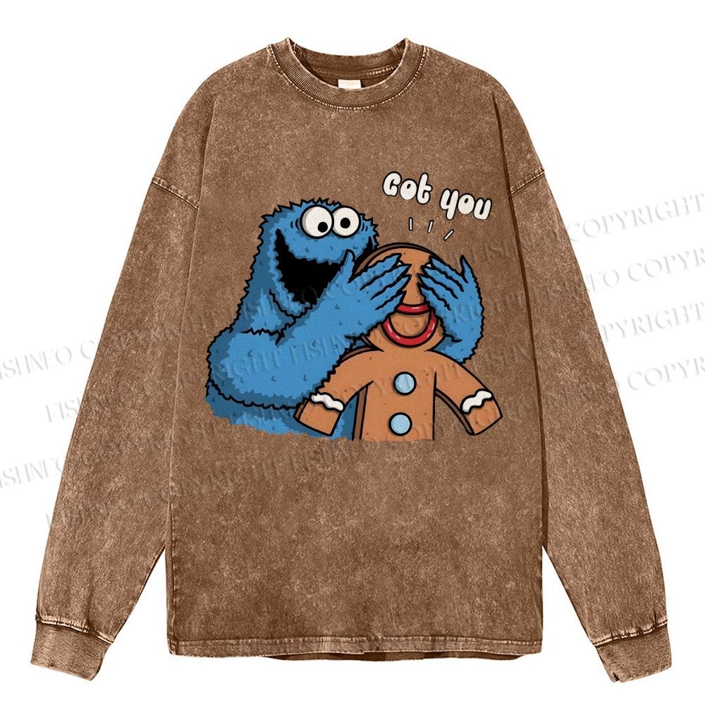 Unisex Casual Washed Got You Cookie Monster Printed Long Sleeve T-shirt