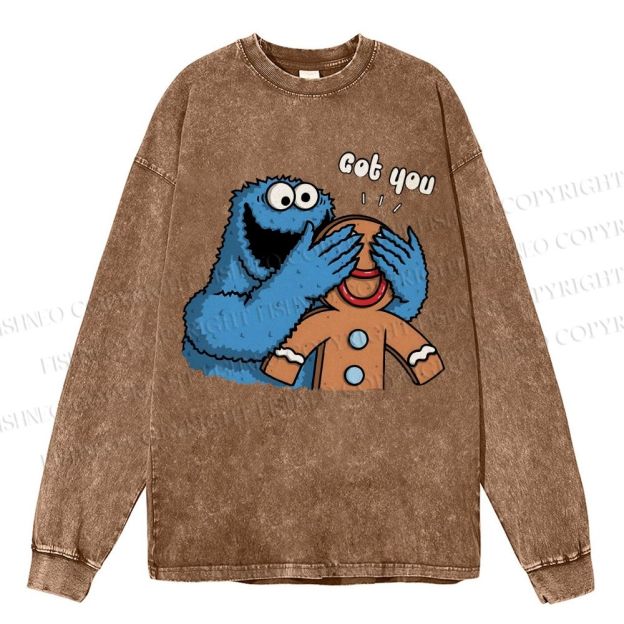 Unisex Casual Washed Got You Cookie Monster Printed Long Sleeve T-shirt
