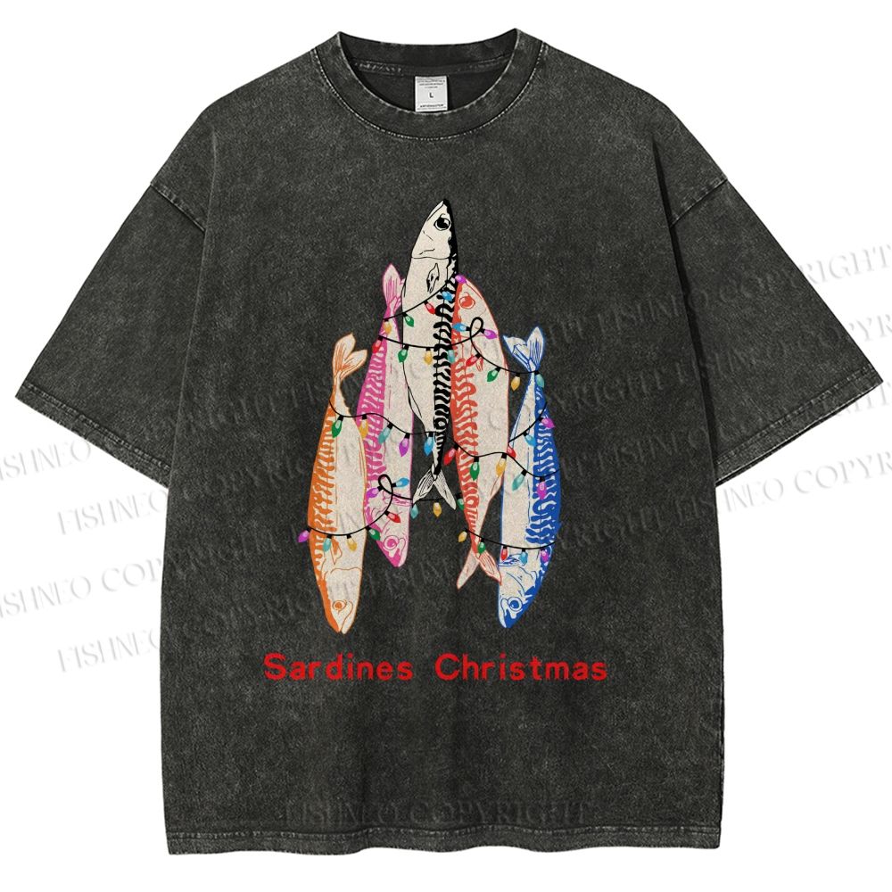 Unisex Sardine Christmas Light Printed Washed Tee