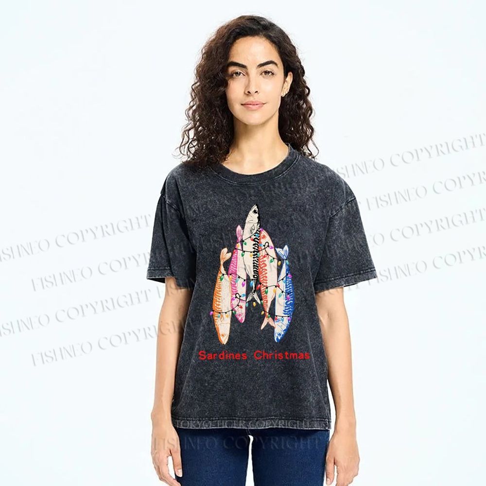 Unisex Sardine Christmas Light Printed Washed Tee