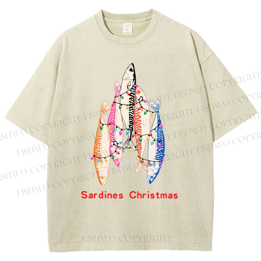 Unisex Sardine Christmas Light Printed Washed Tee