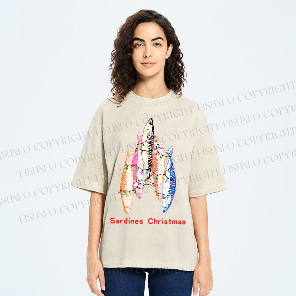 Unisex Sardine Christmas Light Printed Washed Tee