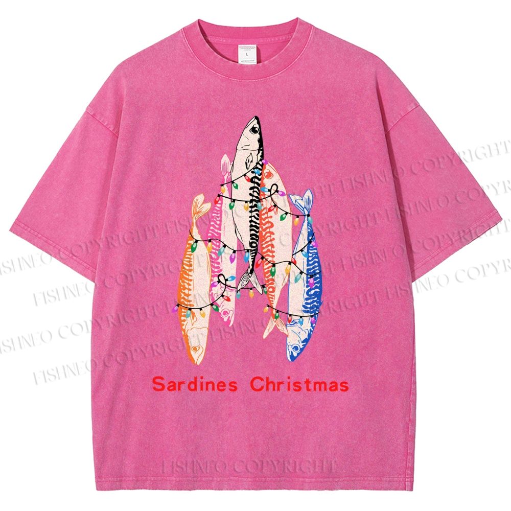 Unisex Sardine Christmas Light Printed Washed Tee