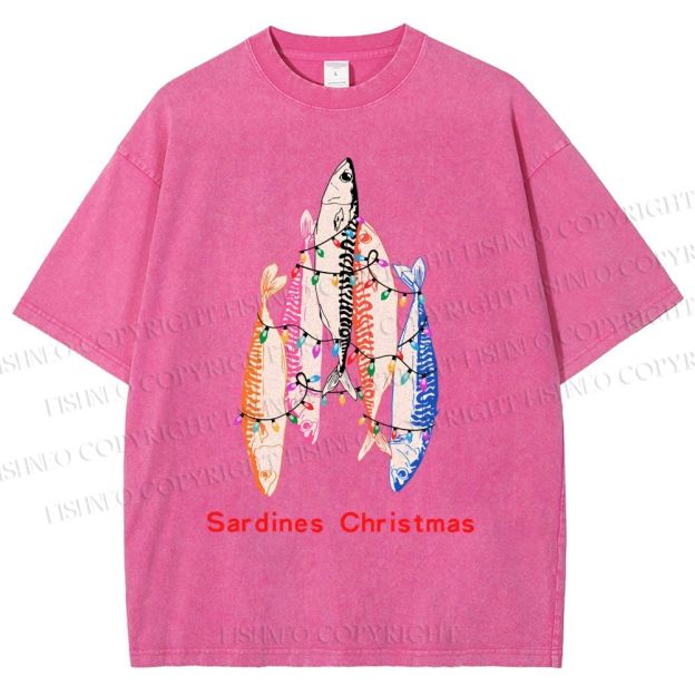 Unisex Sardine Christmas Light Printed Washed Tee
