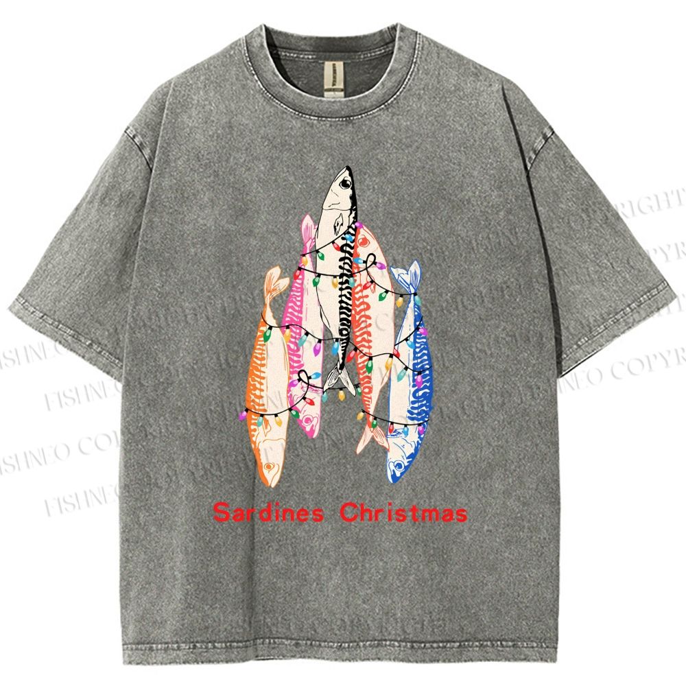 Unisex Sardine Christmas Light Printed Washed Tee