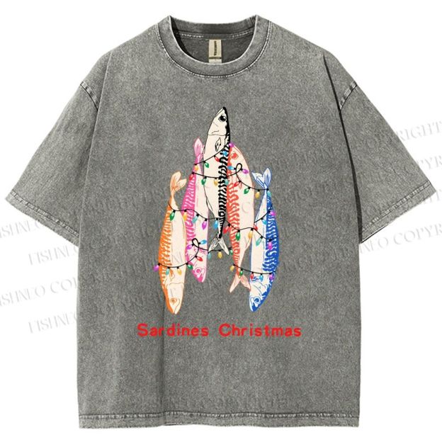 Unisex Sardine Christmas Light Printed Washed Tee