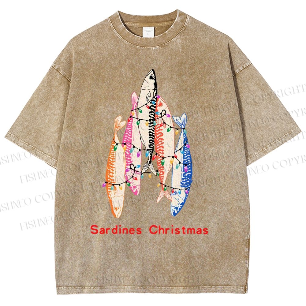 Unisex Sardine Christmas Light Printed Washed Tee