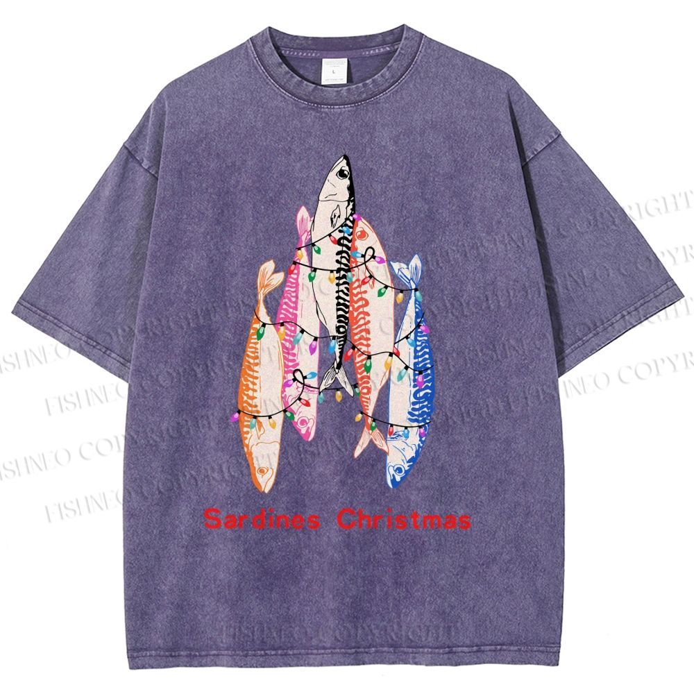 Unisex Sardine Christmas Light Printed Washed Tee
