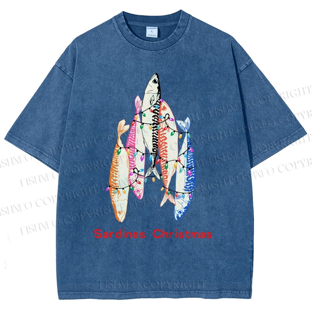 Unisex Sardine Christmas Light Printed Washed Tee