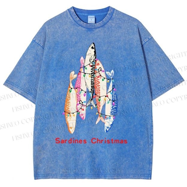 Unisex Sardine Christmas Light Printed Washed Tee