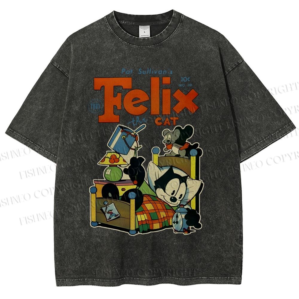 Unisex Felix the Cat Funny Bed Time Printed Washed Tee