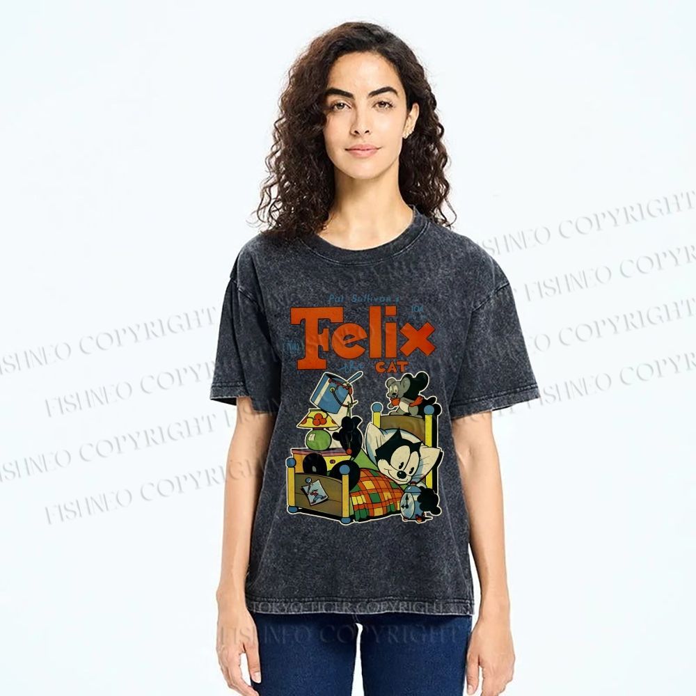 Unisex Felix the Cat Funny Bed Time Printed Washed Tee