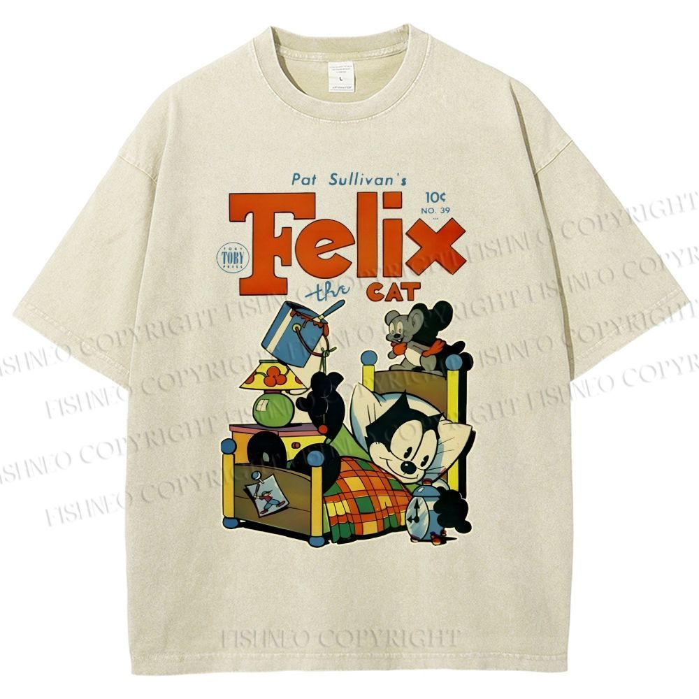 Unisex Felix the Cat Funny Bed Time Printed Washed Tee