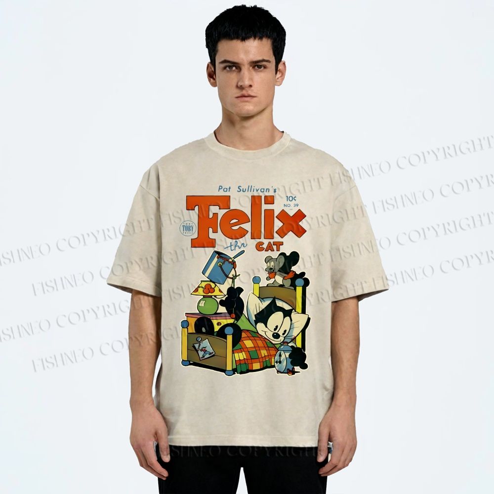 Unisex Felix the Cat Funny Bed Time Printed Washed Tee