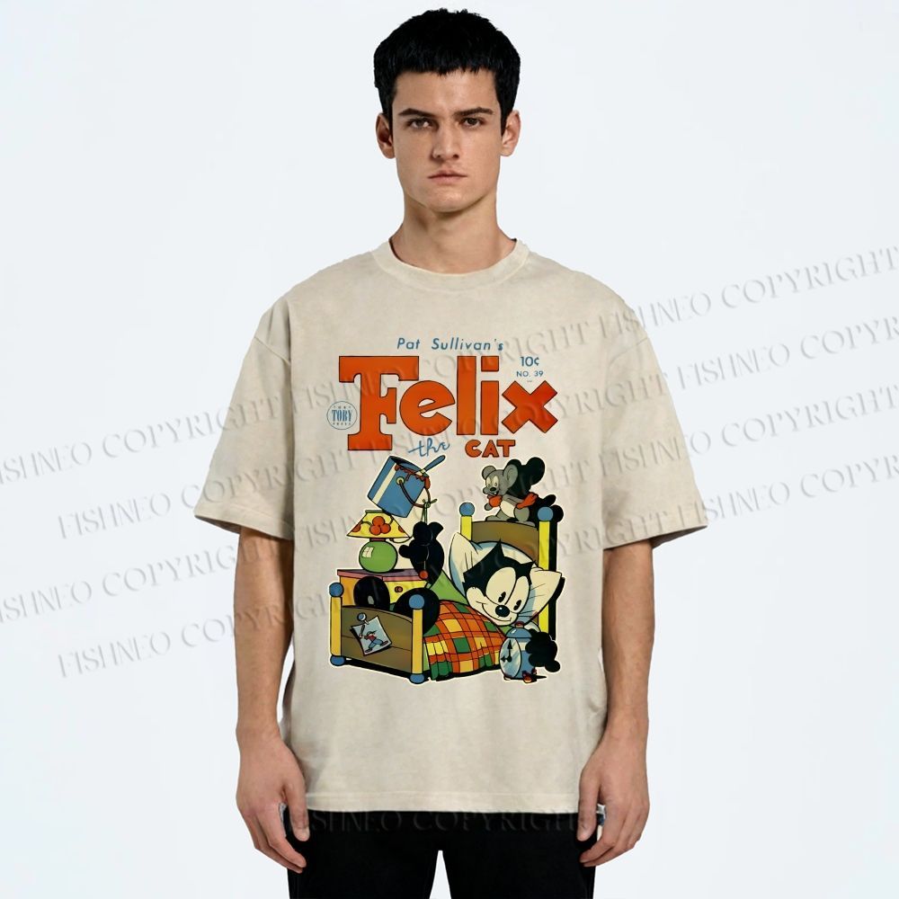 Unisex Felix the Cat Funny Bed Time Printed Washed Tee