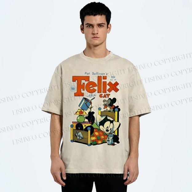 Unisex Felix the Cat Funny Bed Time Printed Washed Tee