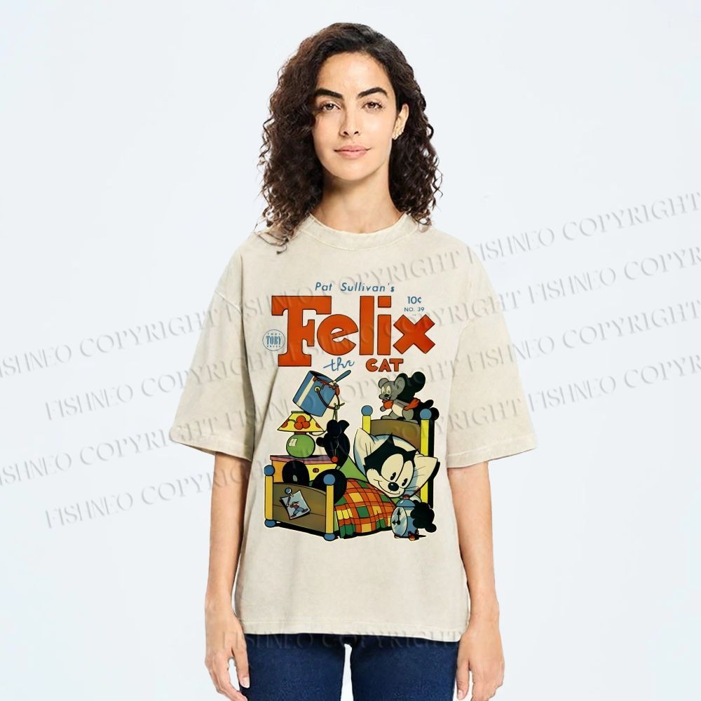 Unisex Felix the Cat Funny Bed Time Printed Washed Tee