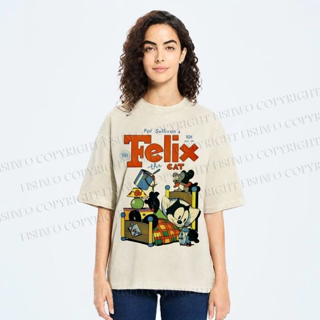 Unisex Felix the Cat Funny Bed Time Printed Washed Tee