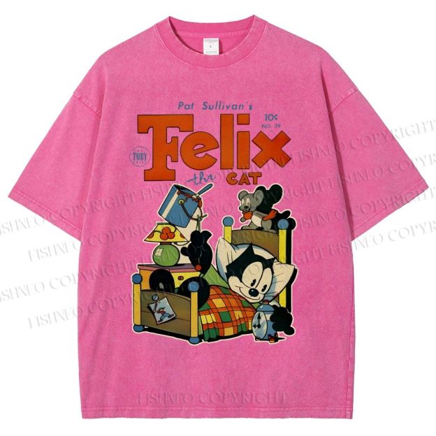 Unisex Felix the Cat Funny Bed Time Printed Washed Tee