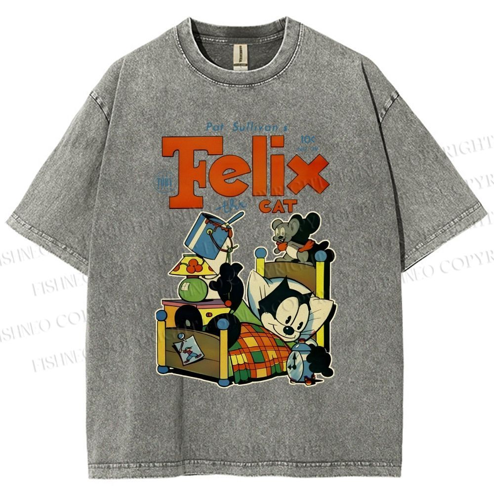 Unisex Felix the Cat Funny Bed Time Printed Washed Tee