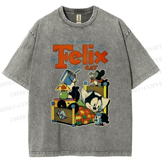Unisex Felix the Cat Funny Bed Time Printed Washed Tee