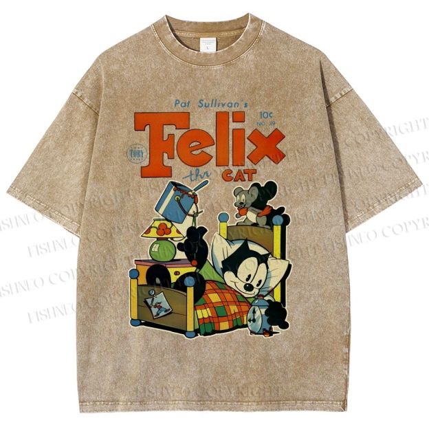 Unisex Felix the Cat Funny Bed Time Printed Washed Tee