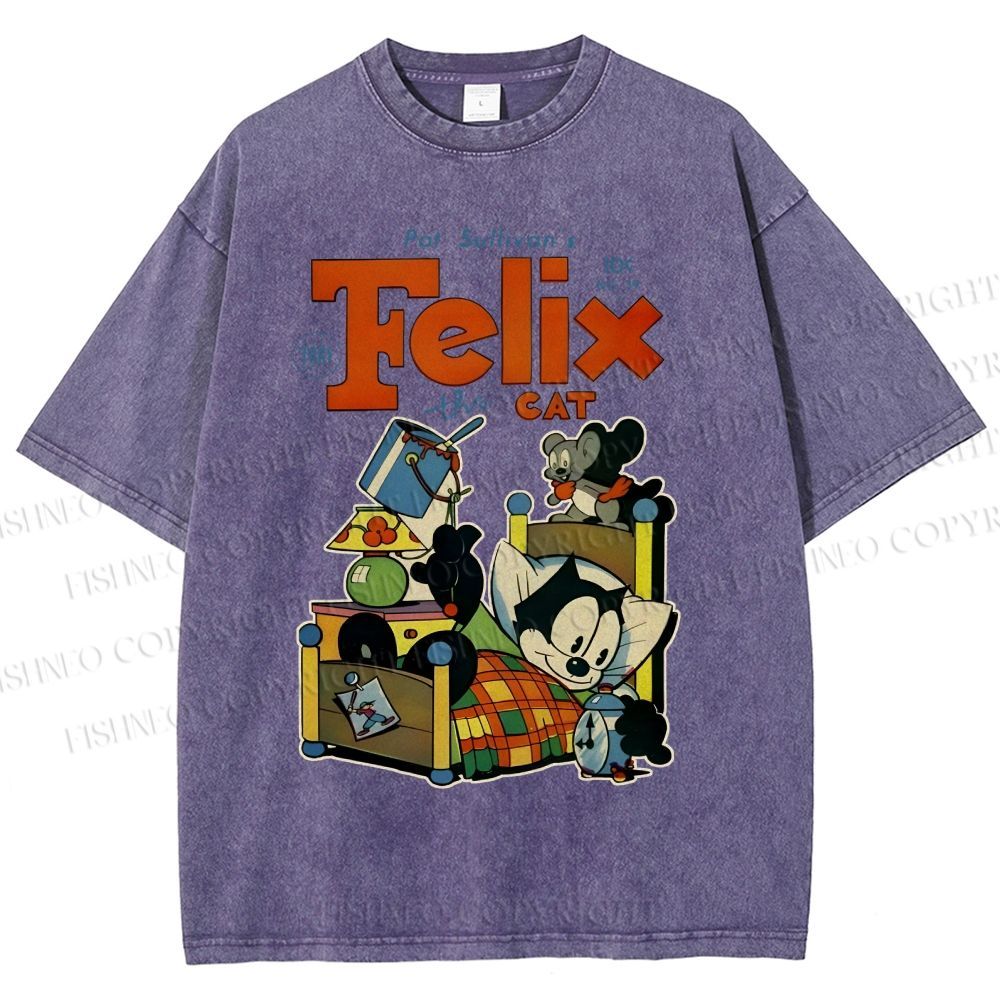 Unisex Felix the Cat Funny Bed Time Printed Washed Tee