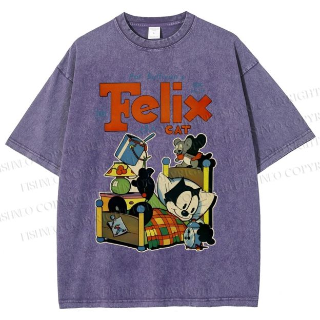 Unisex Felix the Cat Funny Bed Time Printed Washed Tee