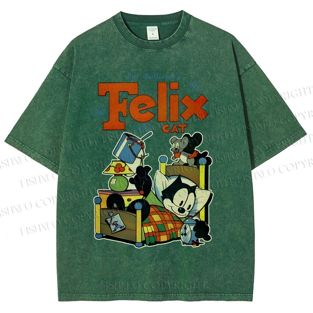 Unisex Felix the Cat Funny Bed Time Printed Washed Tee