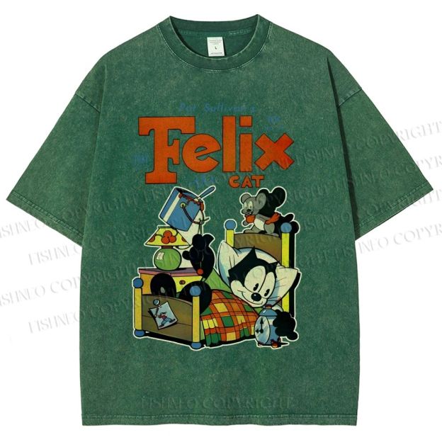 Unisex Felix the Cat Funny Bed Time Printed Washed Tee