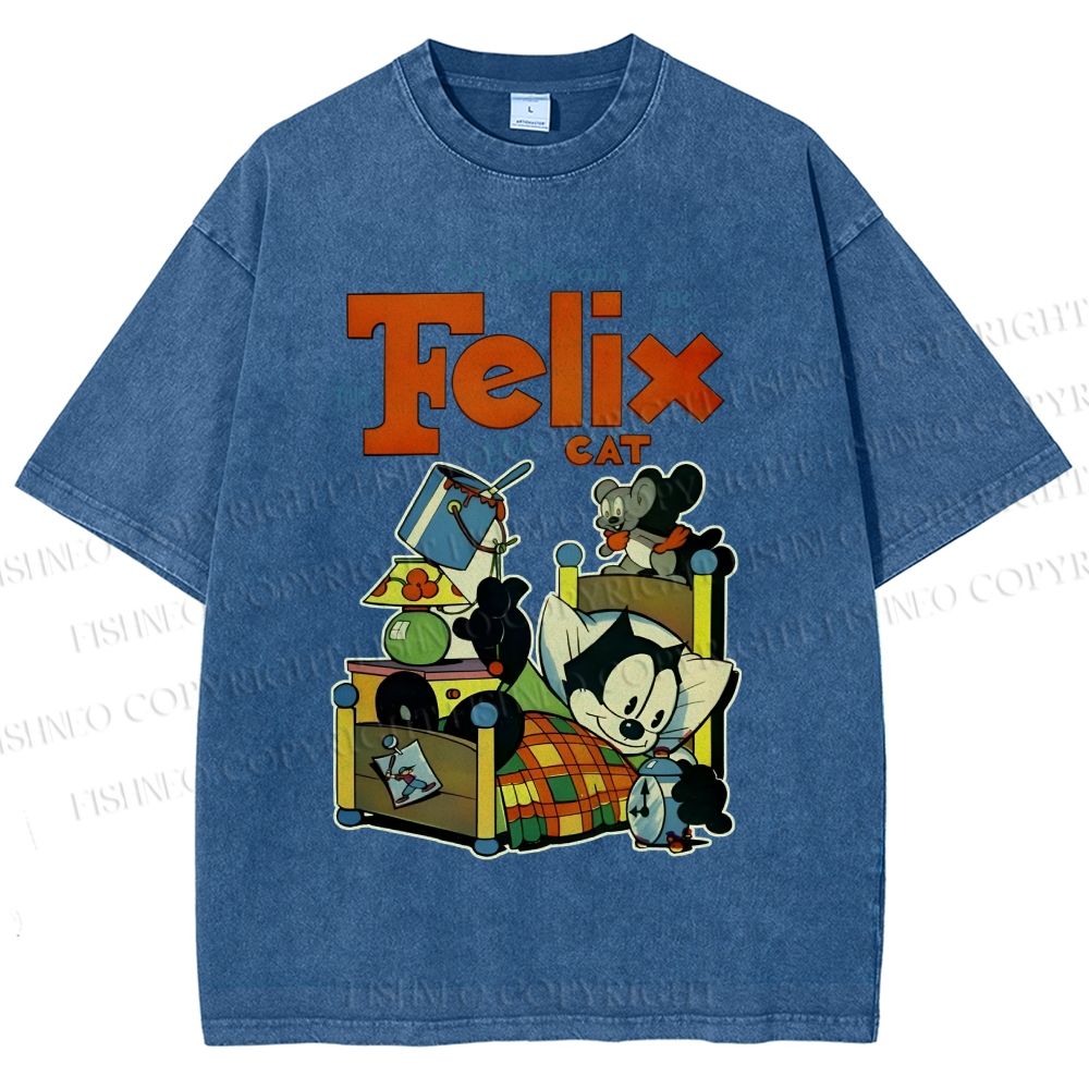 Unisex Felix the Cat Funny Bed Time Printed Washed Tee