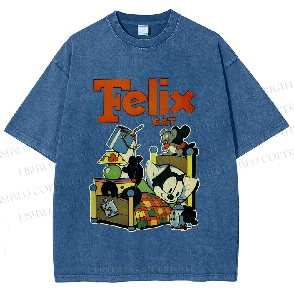 Unisex Felix the Cat Funny Bed Time Printed Washed Tee