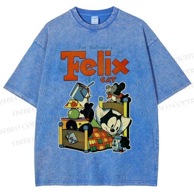 Unisex Felix the Cat Funny Bed Time Printed Washed Tee
