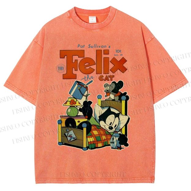 Unisex Felix the Cat Funny Bed Time Printed Washed Tee