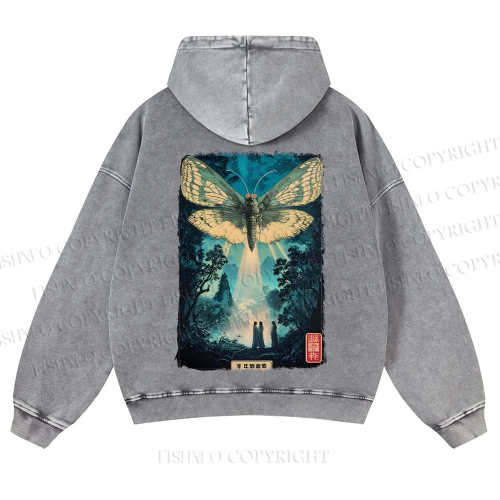 Casual Vintage Mothra Poster Godzilla Japanese Washed Hoodie