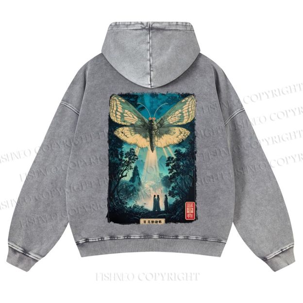 Casual Vintage Mothra Poster Godzilla Japanese Washed Hoodie