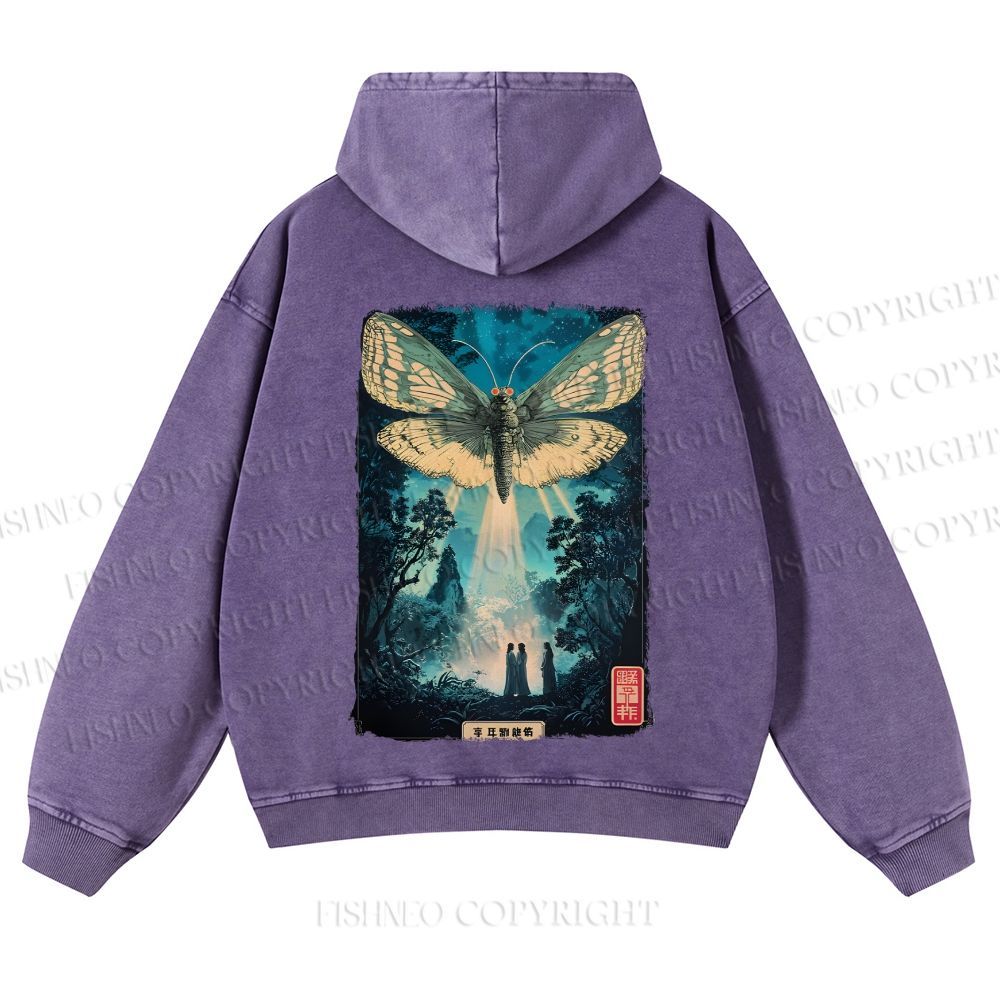 Casual Vintage Mothra Poster Godzilla Japanese Washed Hoodie
