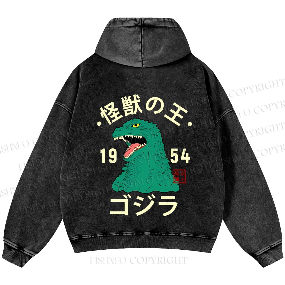Unisex Casual Godzilla Vintage Printed Washed Hoodie