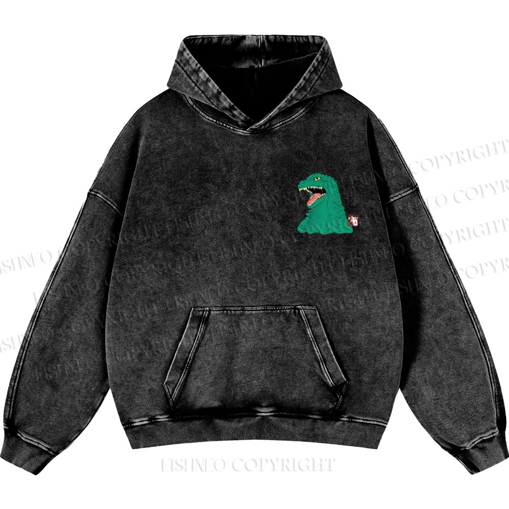 Unisex Casual Godzilla Vintage Printed Washed Hoodie