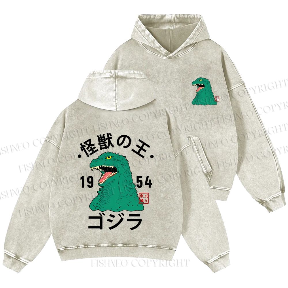 Unisex Casual Godzilla Vintage Printed Washed Hoodie